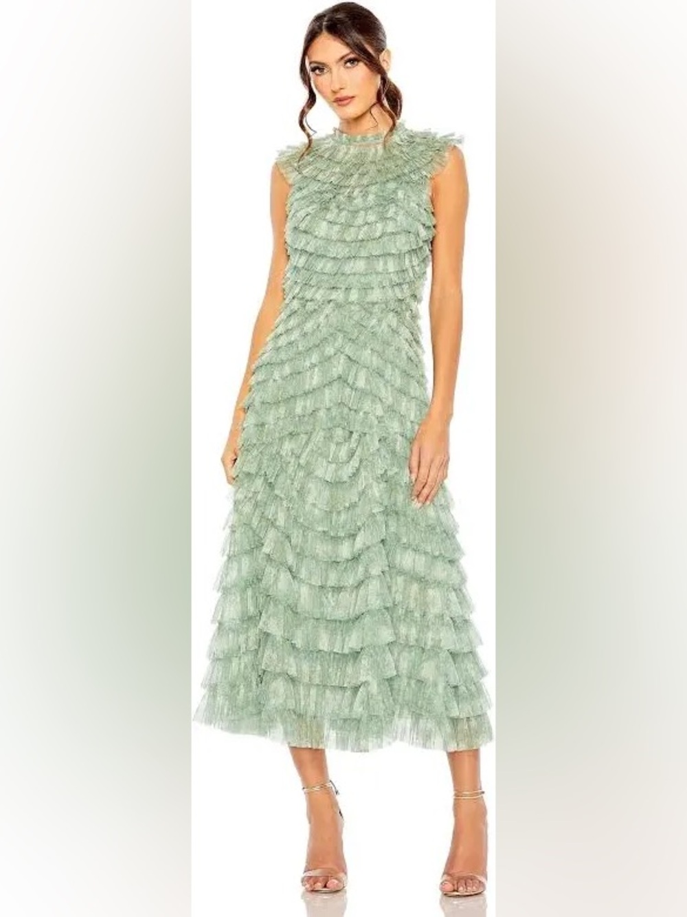 MAC DUGGAL 
Sleeveless Green Ruffle Tiered Midi Dress